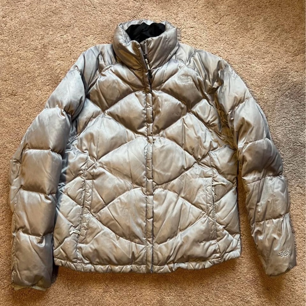 The North Face Women's Metallic Silver Quilted Puffer Jacket
